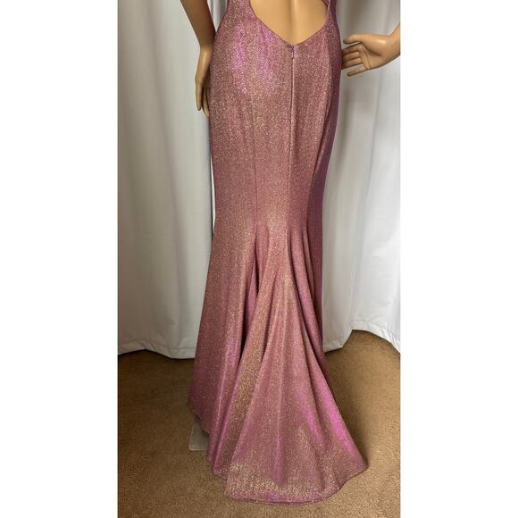 Faviana Sparkly Metallic Long Jersey Dress With Leg Slit pink 2 - Picture 10 of 16